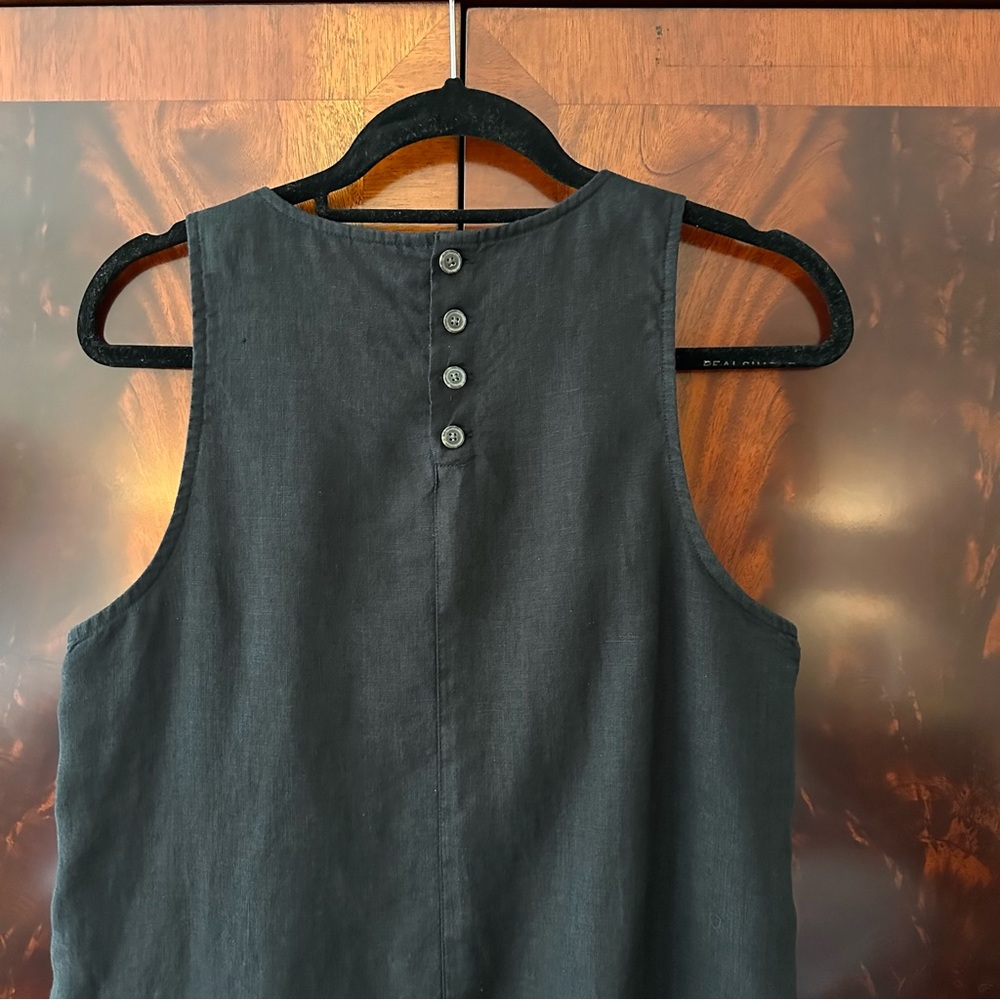 Like New J.Crew Linen Shift Dress Black Sleeveless Button Back Pockets Small - Picture 6 of 11